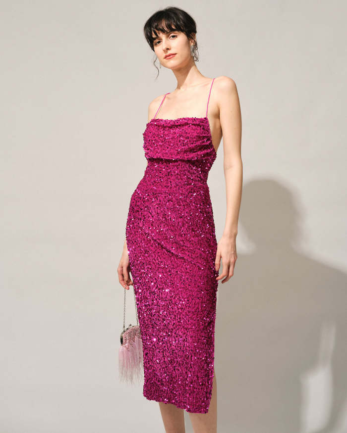 The Red Cowl Neck Sequin Maxi Dress