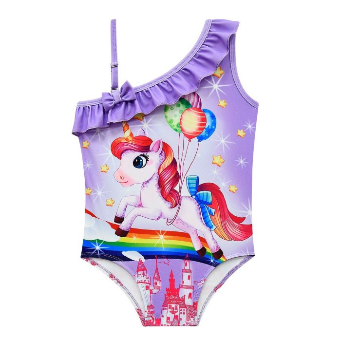 Rainbow Balloon Unicorn Print Little Girls Ruffle One Piece Swimsuit