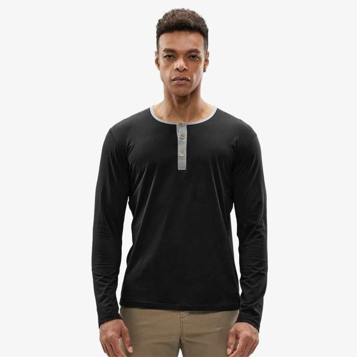 Men Long Sleeve Henley Shirts Casual Cotton Tee Shirt