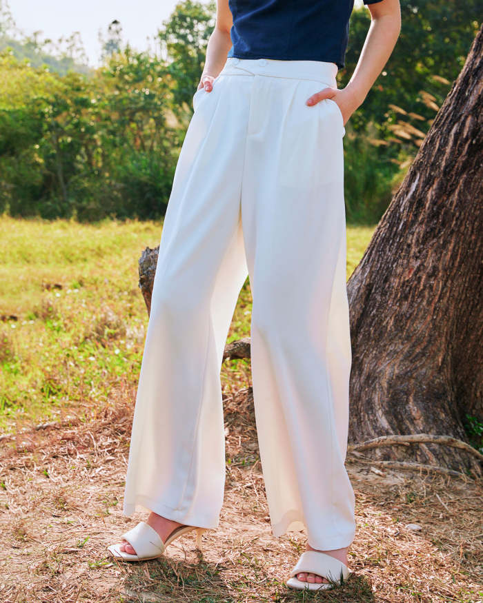 The White Pleated Straight Leg High Waisted Pants