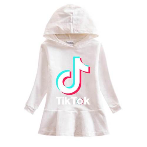 Girls Tik Tok Print Long Sleeve Hooded Frill Cotton Sweatshirt Dress