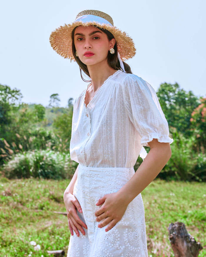 The White V Neck Lace Trim Puff Sleeve Blouse