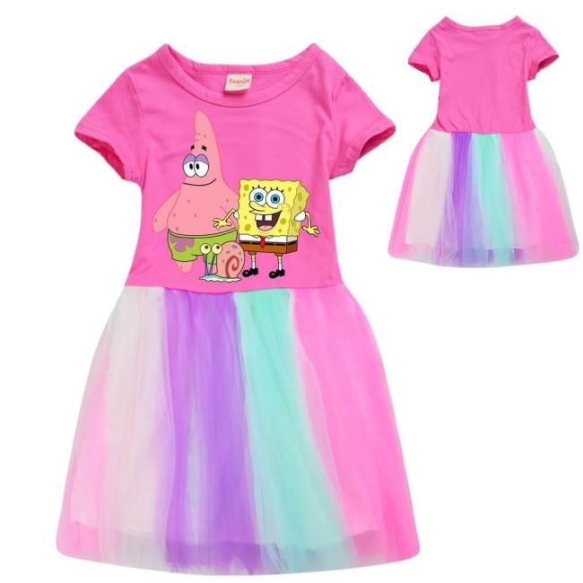 Spongebob N Fat Star Print Girls Pink Short Sleeve Rainbow Tulle Dress