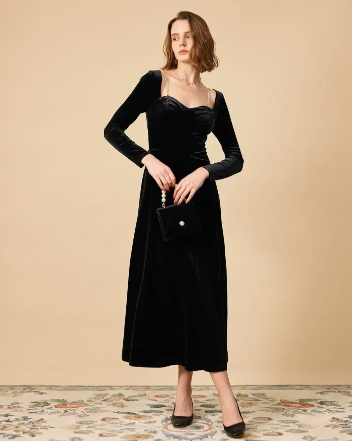 The Rhinestone Chain Long Sleeve Velvet Maxi Dress