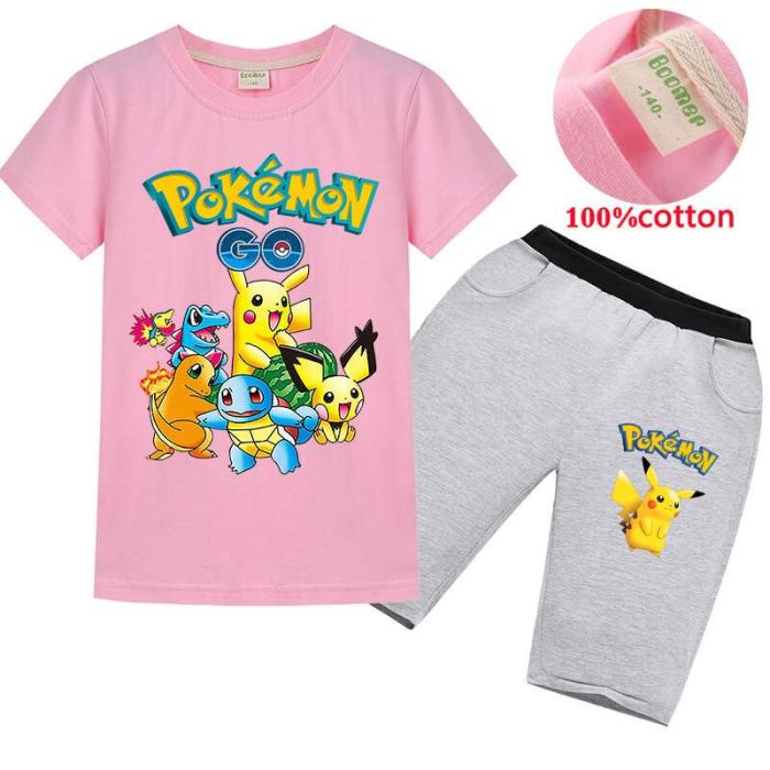 Pokemon Go Pikachu Print Girl Boy Cotton T Shirt And Shorts Outfits