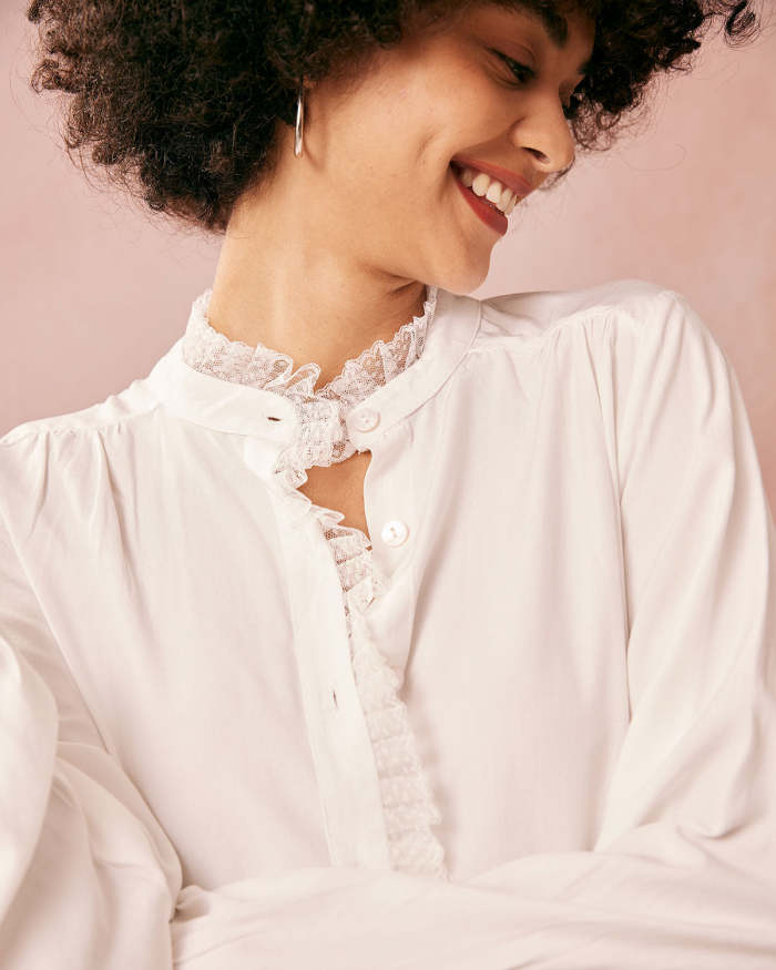 The White Lace Trim Long Sleeve Blouse