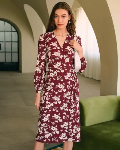 The Floral Long Sleeve Wrap Midi Dress