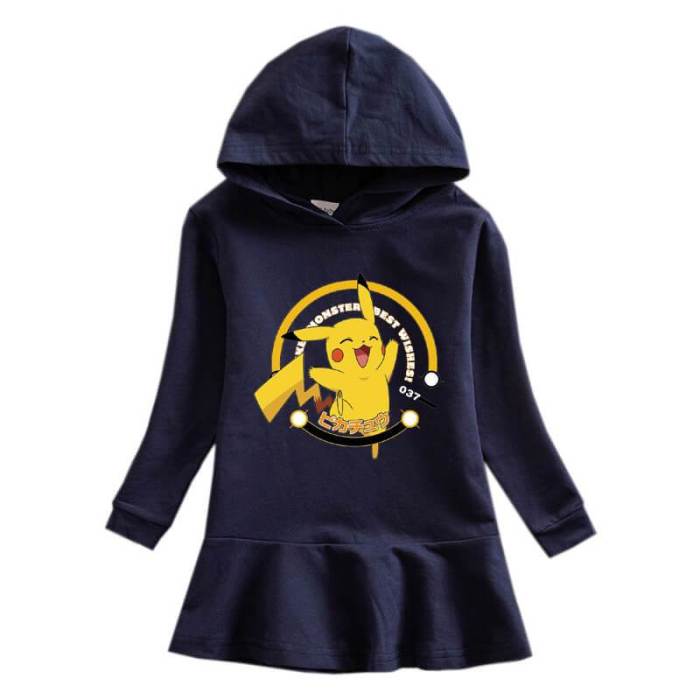 Cute Pikachu Print Girls Long Sleeve Hooded Frill Hem Sweatshirt Dress