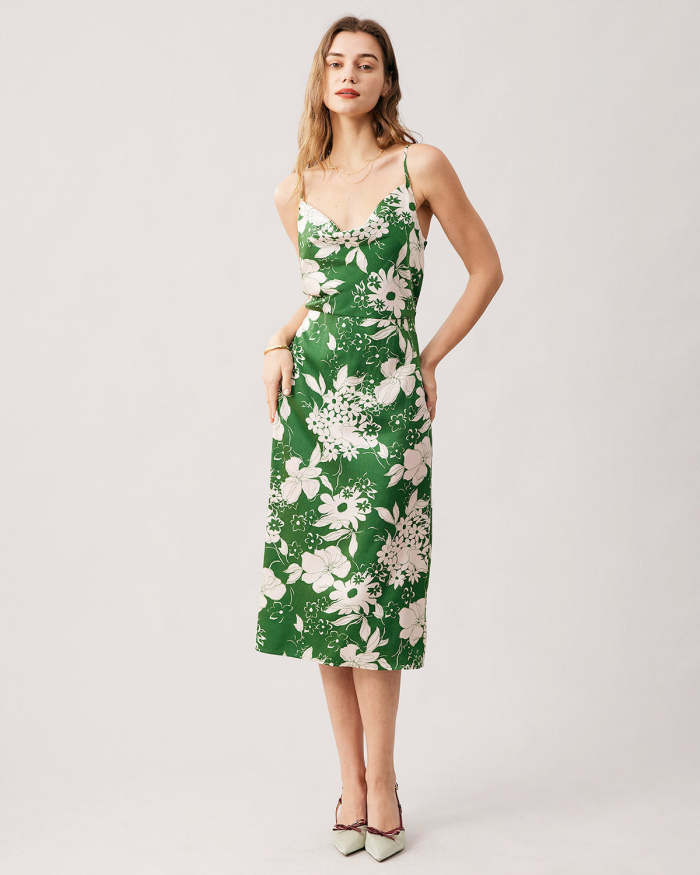 The Green Cowl Neck Floral Back Slit Midi Dress