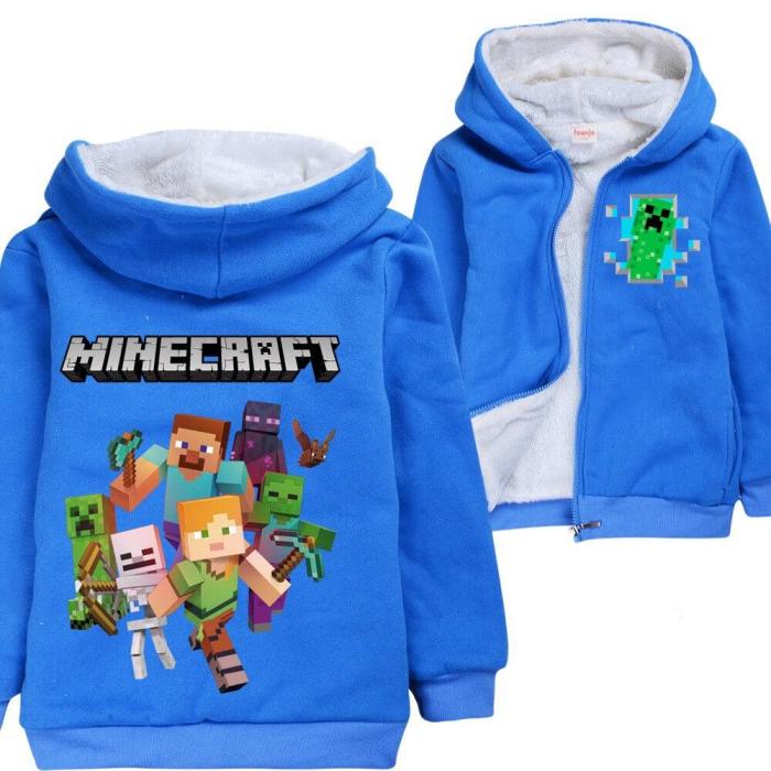 Boys Blue Zip Up Fleece Lined Hoodie In Minecraft 10 Edition Print