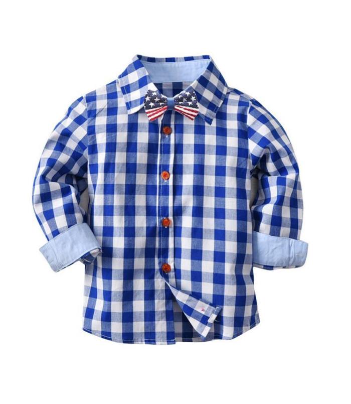 Boys Blue Cotton Plaid Shirt With Bow Tie N Suspender Pants Outfit Set