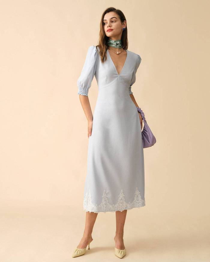 The Solid V Neck Puff Sleeve Maxi Dress