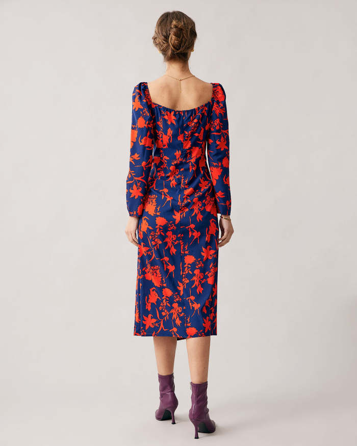 The Red Sweetheart Neck Floral Long Sleeve Midi Dress