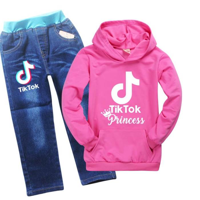 Girls Boys Tiktok Princess Print Kids Kangaroo Pocket Hoodie Jeans Set