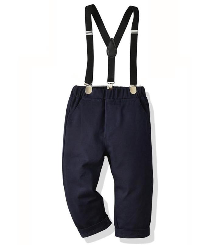 Blue Stripe Cotton Bow Tie Shirt And Suspender Pants Boys Outfit Set