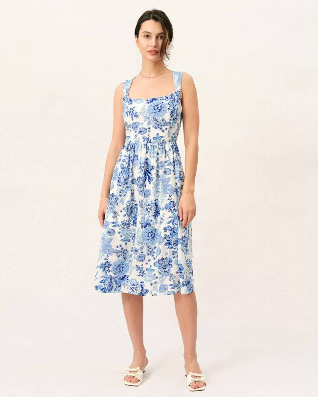 The Square Neck Floral Print Midi Dress