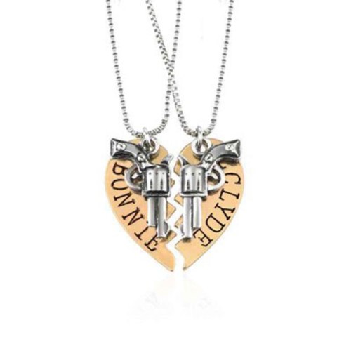 Bonnie Clyde Gun Necklace Heart Matching Movie Jewlery For Couples Best Friend Necklaces