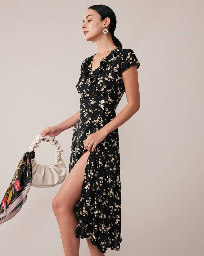 The V-Neck Floral Print Wrap Midi Dress