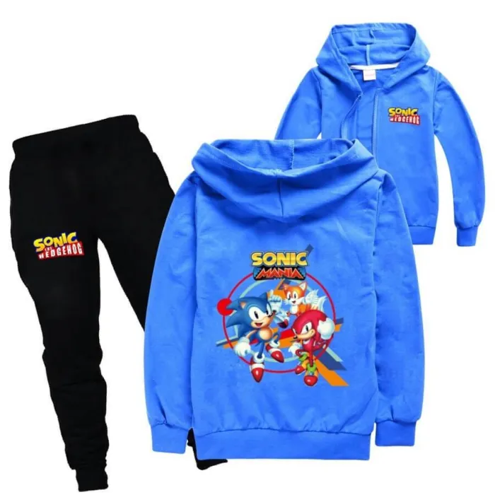 Sonic Mania Print Girls Boys Zip Up Cotton Hoodie And Jogger Pants Set