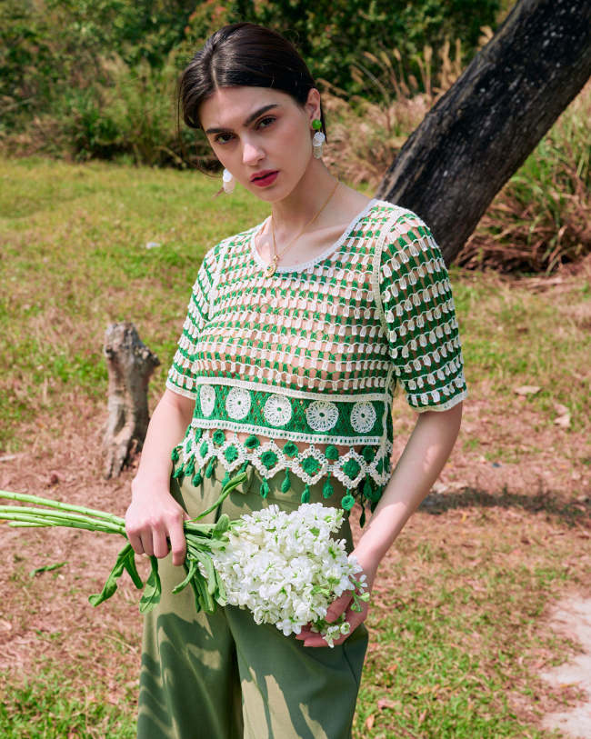 The Green Round Neck Fringed Crochet Crop Top