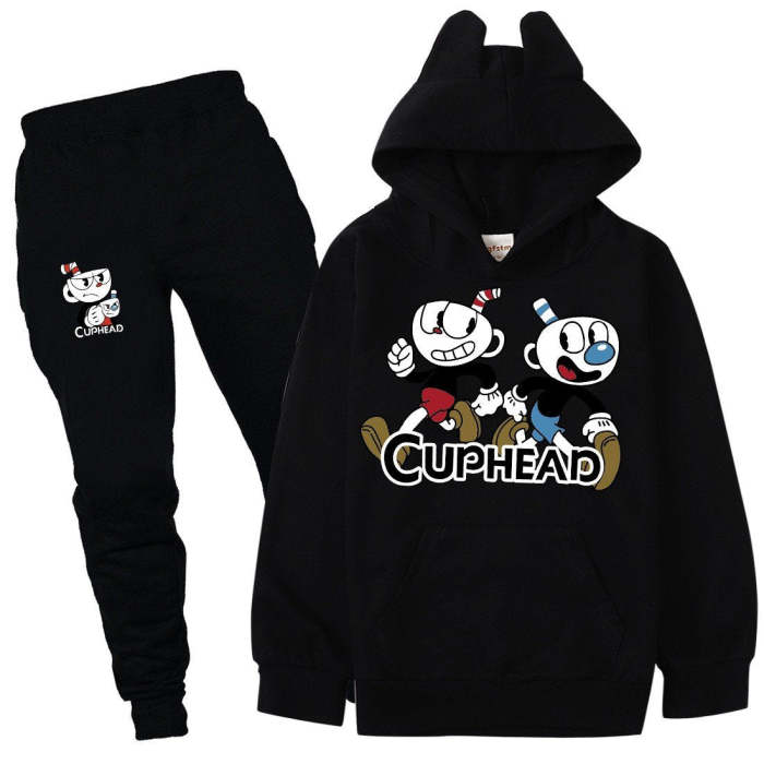 Cuphead Print Girls Boys Cotton Hoodie And Sweatpants Set Long Outfit
