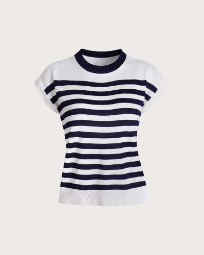 The Navy Round Neck Striped Knit Top