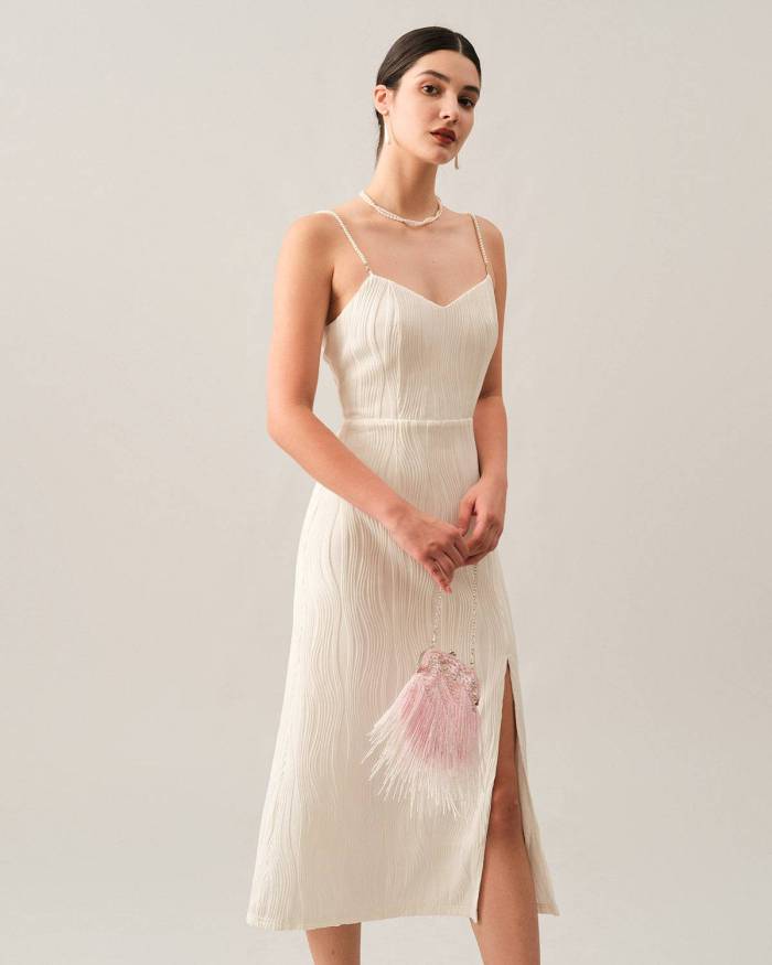 The Wave Textured Pearl Strap Midi Dress