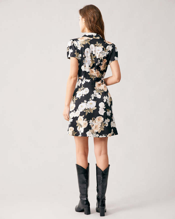 The Black Button Up Short Sleeve Floral Mini Dress