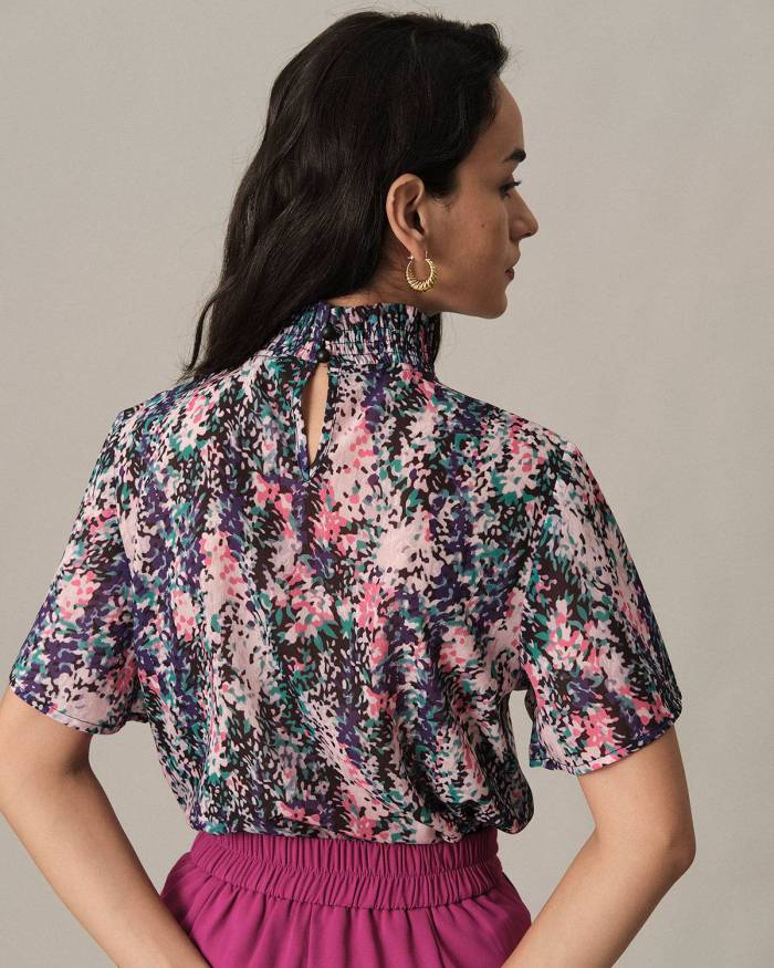 The Floral Shirred Turtleneck Blouse