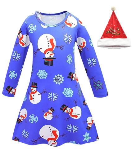 Blue Christmas Snowman Print Girls Long Sleeve Dress Costume