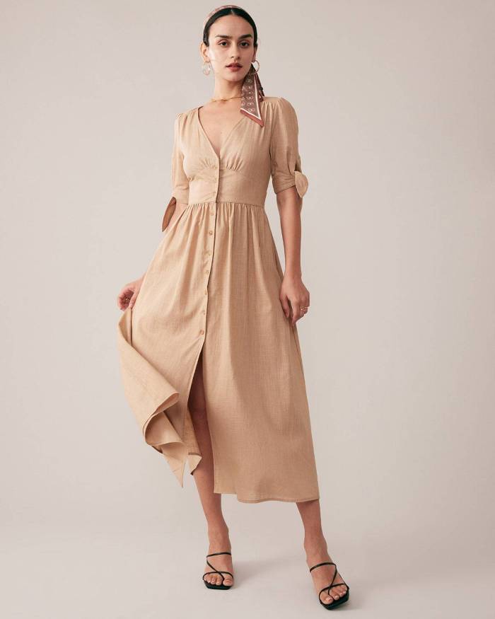 V Neck Button Midi Dress