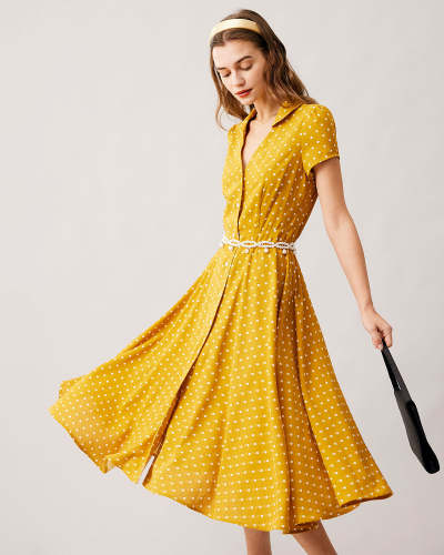 The Yellow V Neck Polka Dot Short Sleeve Midi Dress