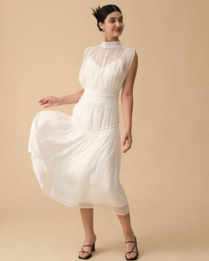 The White Mesh Ruched Midi Dress