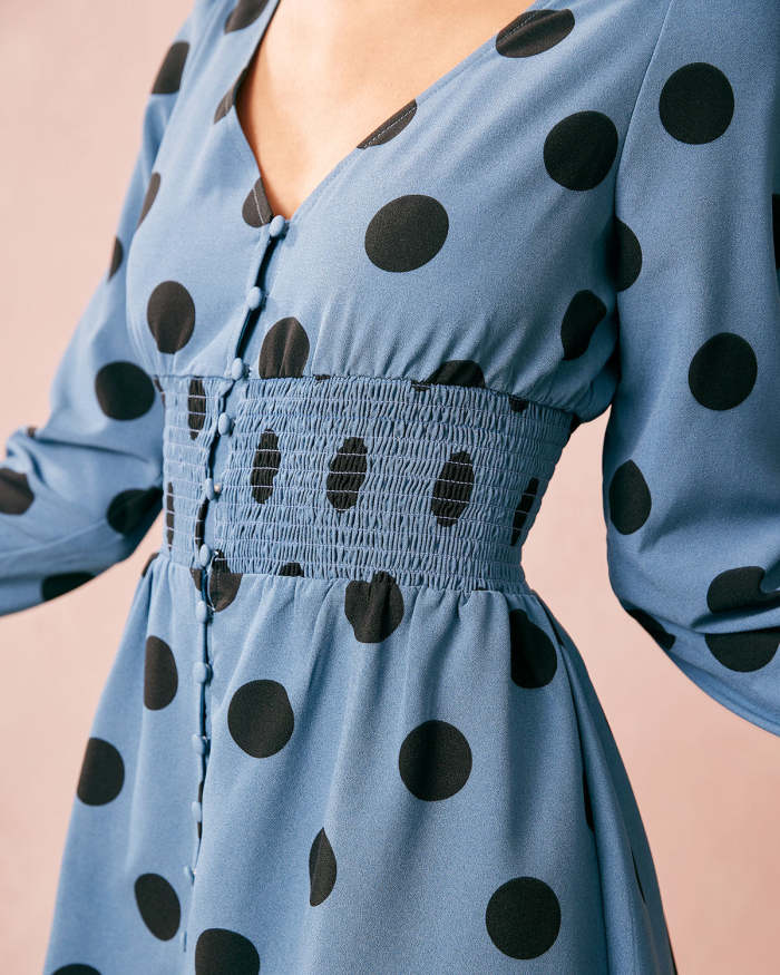 The Blue V Neck Polka Dot Long Sleeve Mini Dress