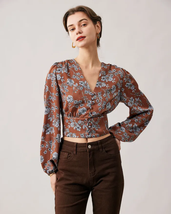 The V Neck Floral Lantern Sleeve Satin Blouse