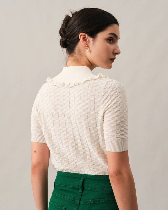 The Frill Trim Lapel Textured Knit Top