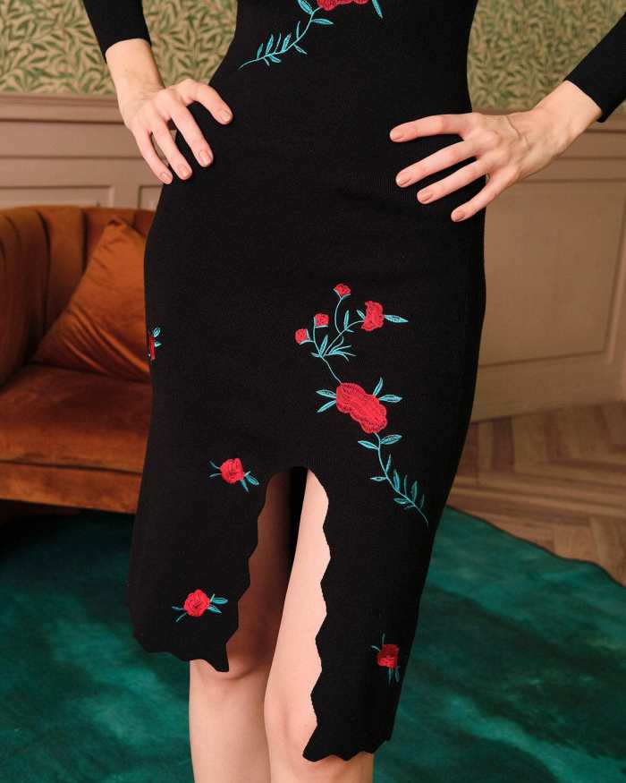 The Embroidered Side Slit Knit Midi Dress