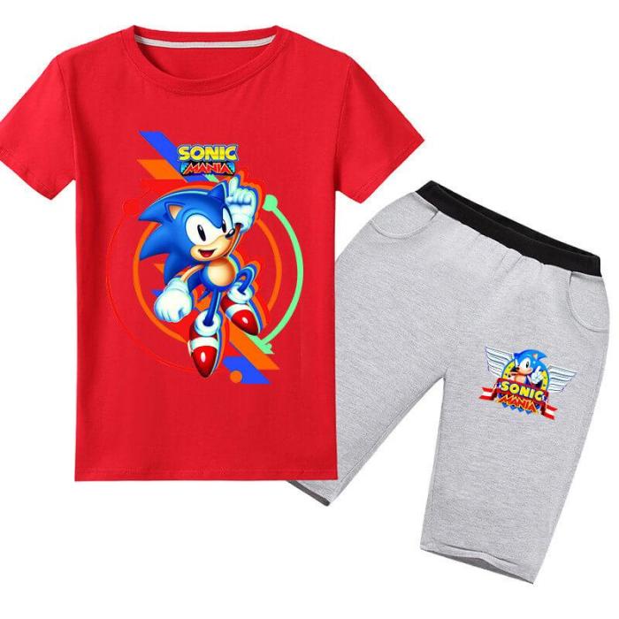 Sonic Mania Print Girls Boys Cotton T Shirt And Shorts Outfit Sets
