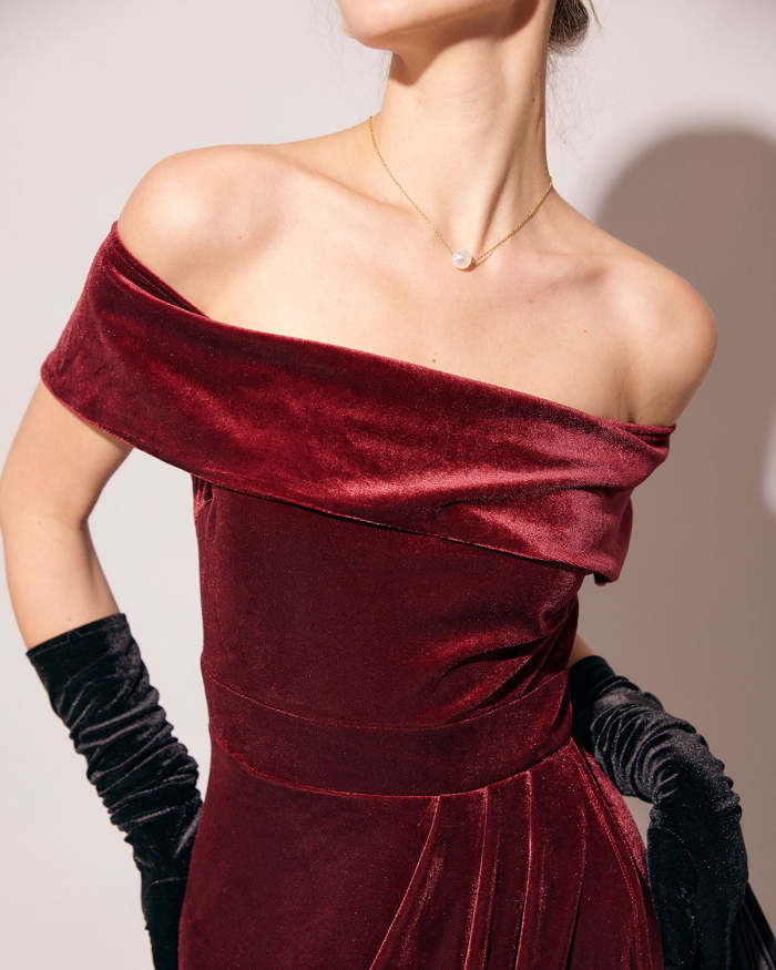 The Wine Red Off-The-Shoulder Ruched Velvet Midi Dress