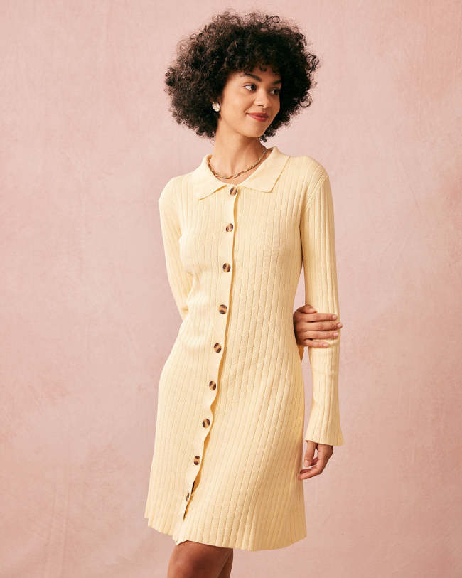 The Yellow Ribbed Long Sleeve Knit Mini Dress