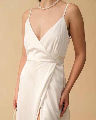 The V Neck Slit Satin Maxi Dress
