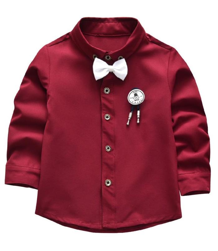 Dark Red Cotton Shirt With Bow Tie And Suspender Jeans Boys Outfit Set