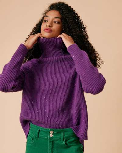 The Solid Slit Sequin Turtleneck Sweater