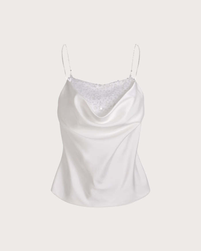 The White Cowl Neck Sequin Satin Cami Top