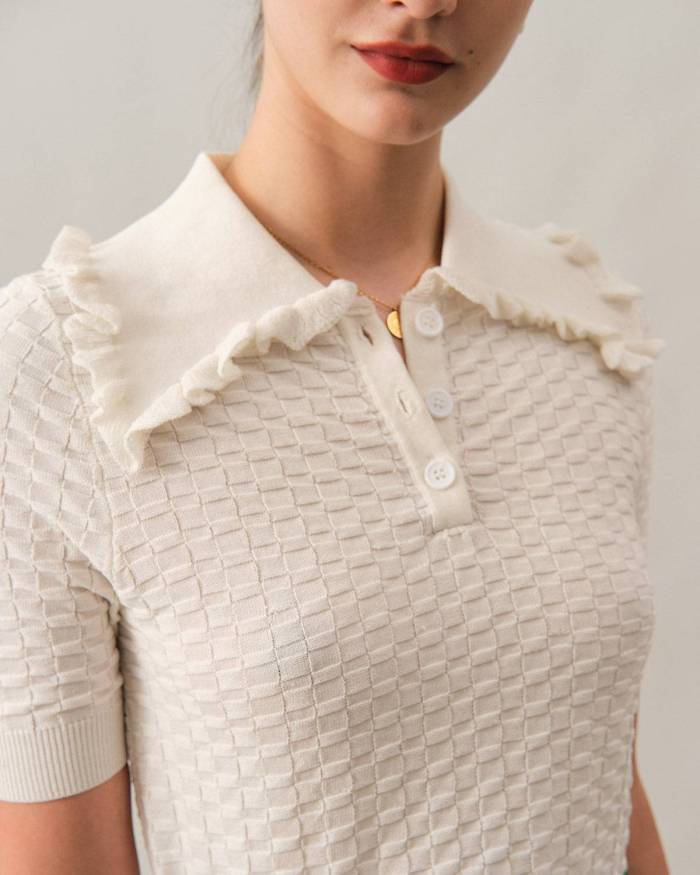 The Frill Trim Lapel Textured Knit Top
