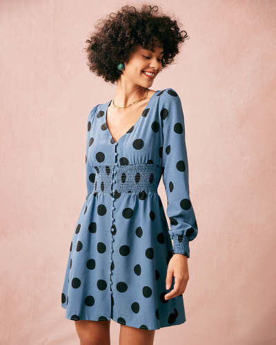 The Blue V Neck Polka Dot Long Sleeve Mini Dress