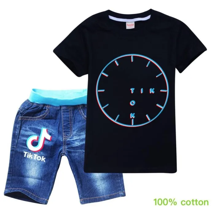 Tiktok Clock Print Girls Boys Cotton T Shirt And Jean Shorts Set
