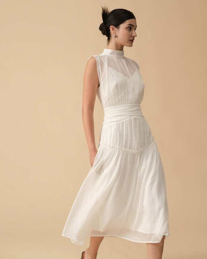 The White Mesh Ruched Midi Dress