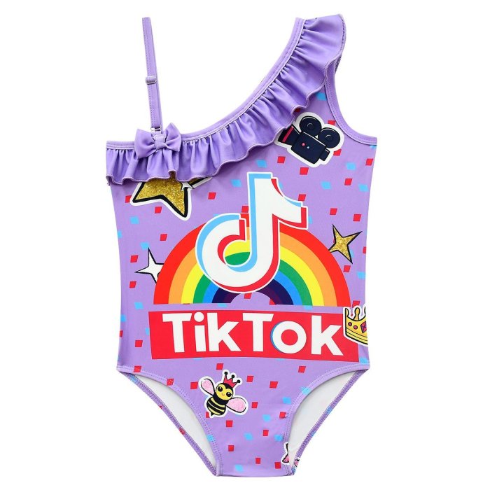 Tiktok Rainbow Print Little Girls One Piece Ruffle Shoulder Swimsuit