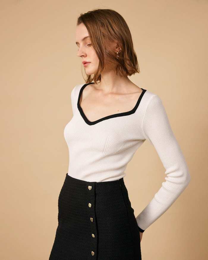 The Contrasting Sweetheart Neck Ribbed Knit Top